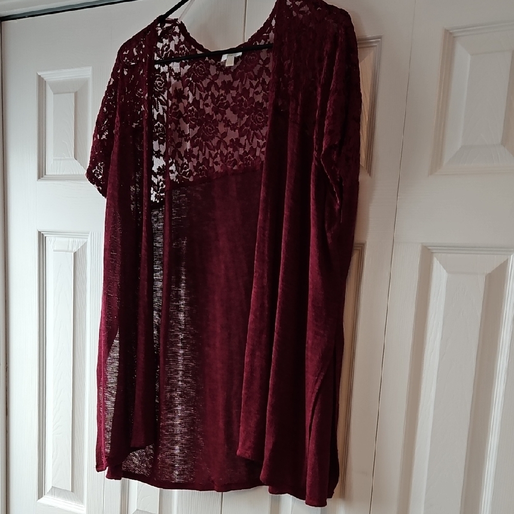 Charming Charlie Short Sleeve Cardigan With Lace Upper Back